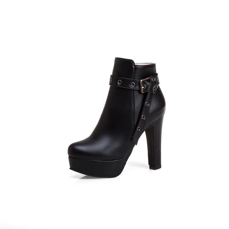 Botas De Tornozelo Femininas Com Zíper Lateral De Salto Grosso Redondo