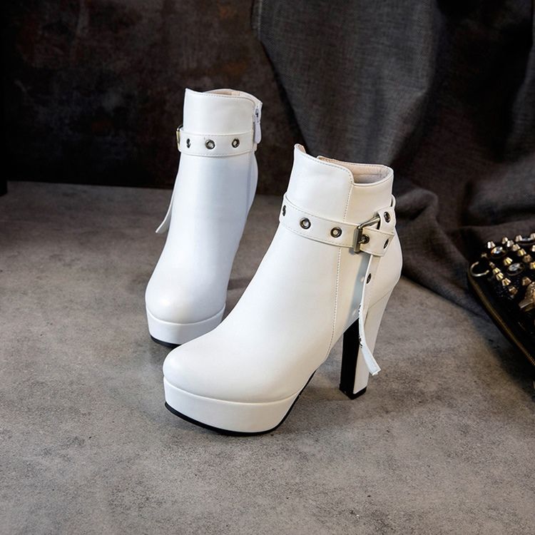 Botas De Tornozelo Femininas Com Zíper Lateral De Salto Grosso Redondo