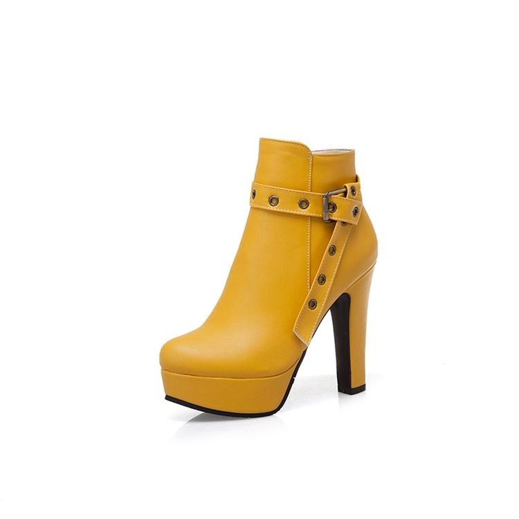 Botas De Tornozelo Femininas Com Zíper Lateral De Salto Grosso Redondo