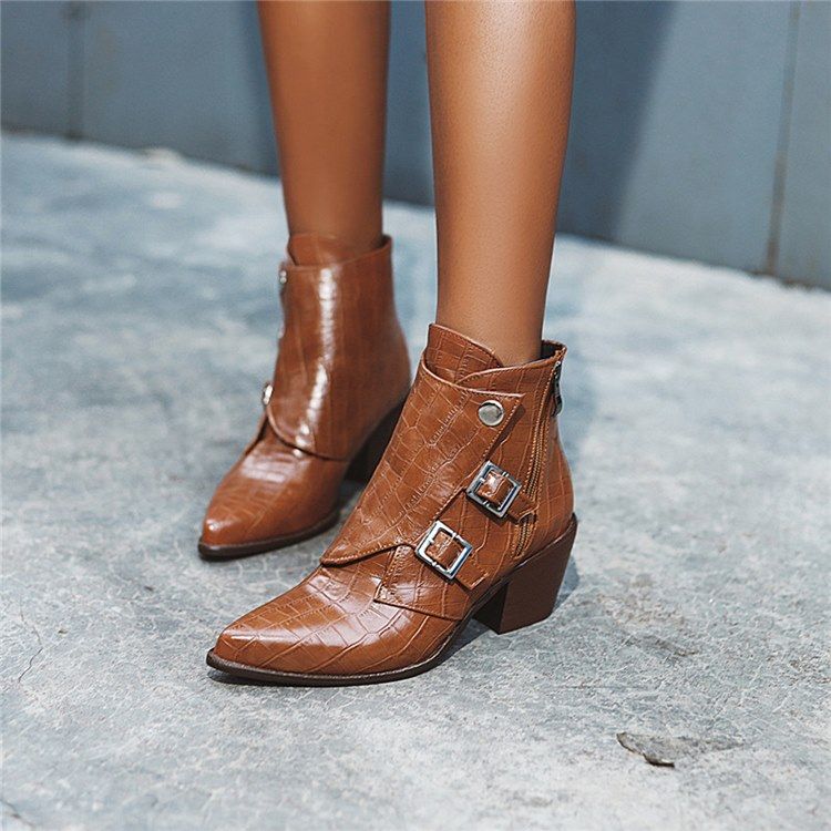Botas De Tornozelo Femininas De Salto Largo Liso Com Zíper