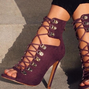Botas De Tornozelo Feminino Com Alça Peep Toe Cross E Salto Agulha