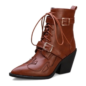Botas De Tornozelo Feminino Com Biqueira Pontiaguda Na Frente Com Cordões