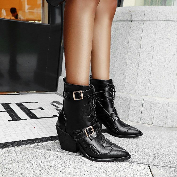 Botas De Tornozelo Feminino Com Biqueira Pontiaguda Na Frente Com Cordões