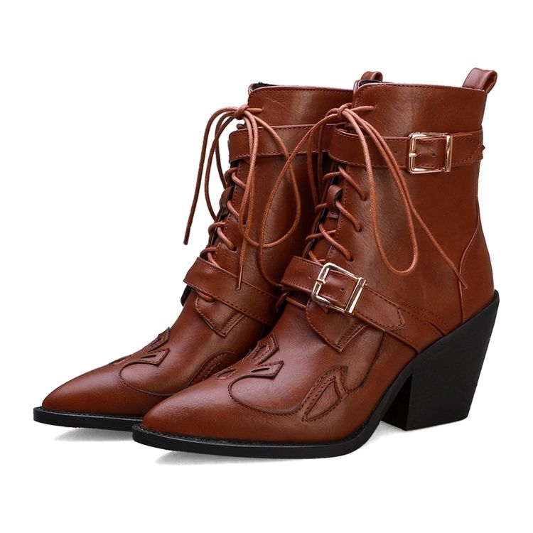 Botas De Tornozelo Feminino Com Biqueira Pontiaguda Na Frente Com Cordões