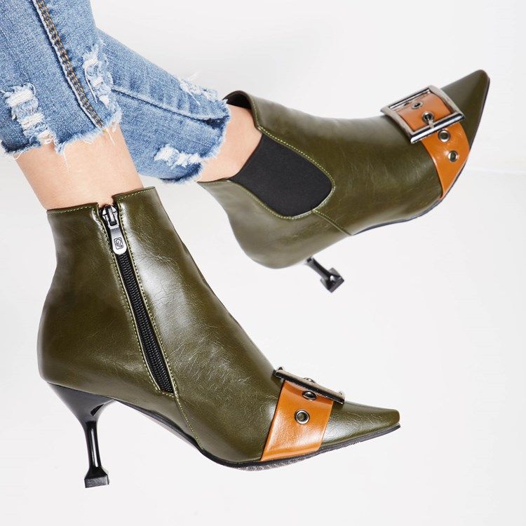 Botas De Tornozelo Feminino Com Zíper Lateral Com Zíper Pontudo E Salto Gatinho Feminino