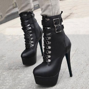 Botas De Tornozelo Feminino Com Zíper Liso E Salto Agulha Redondo