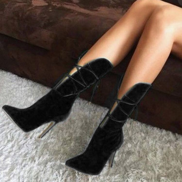 Botas De Tornozelo Feminino Simples Com Cordões Dianteiros Pontiagudos