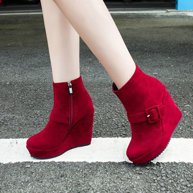 Botas De Tornozelo De Salto Cunha Feminino Com Plataforma De Fivela