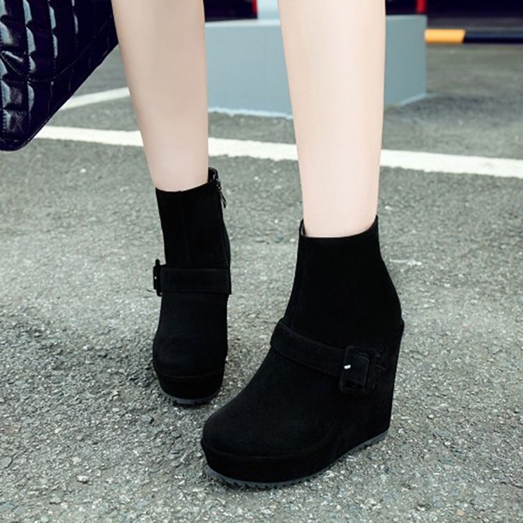 Botas De Tornozelo De Salto Cunha Feminino Com Plataforma De Fivela