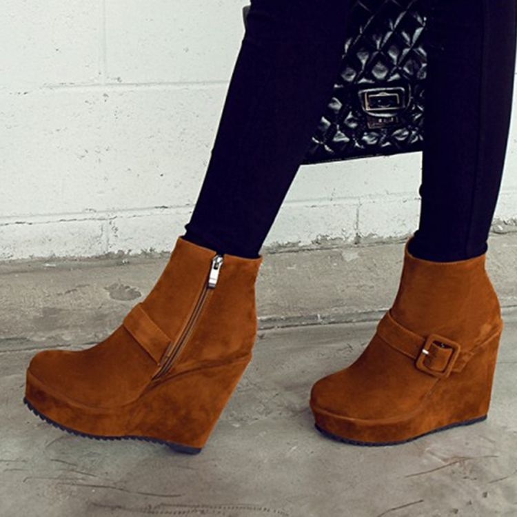 Botas De Tornozelo De Salto Cunha Feminino Com Plataforma De Fivela