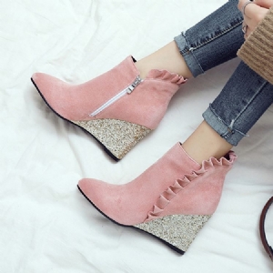 Botas De Tornozelo De Salto Liso Com Babados Femininos