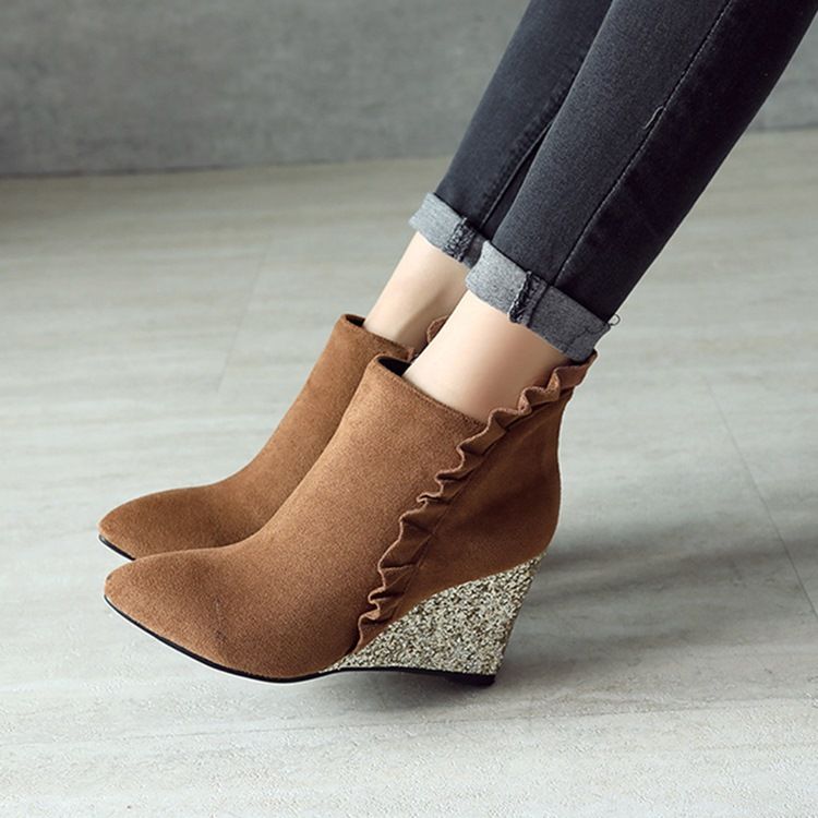 Botas De Tornozelo De Salto Liso Com Babados Femininos