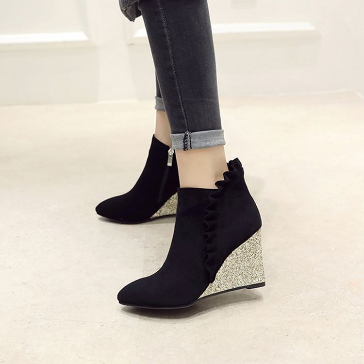 Botas De Tornozelo De Salto Liso Com Babados Femininos