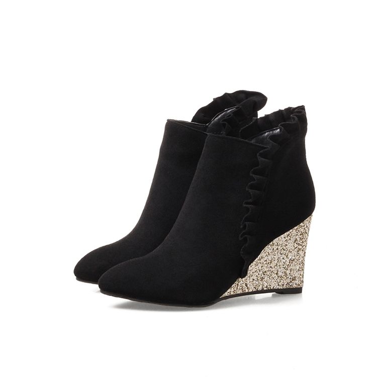 Botas De Tornozelo De Salto Liso Com Babados Femininos