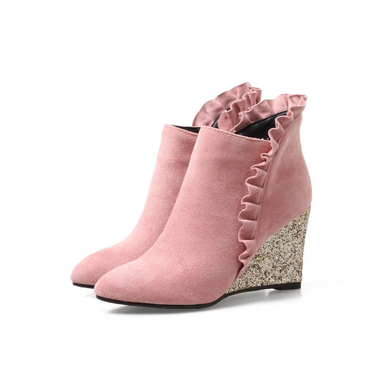 Botas De Tornozelo De Salto Liso Com Babados Femininos