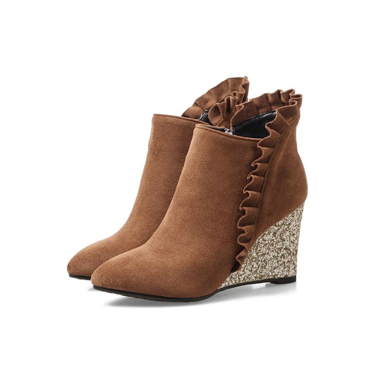 Botas De Tornozelo De Salto Liso Com Babados Femininos
