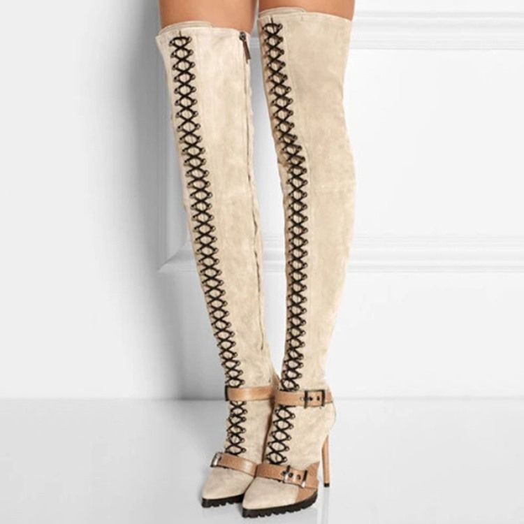 Dedo Do Pé Pontudo Salto Agulha Bloco De Cor De Salto Agulha Sexy Mulher Botas Altas De Joelho