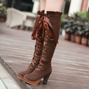 Feminino European Lace-up Suede Knight Knee Botas De Cano Altas