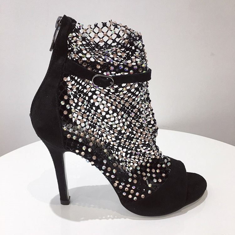 Malha Peep Toe Zipper Botas Femininas De Salto Agulha