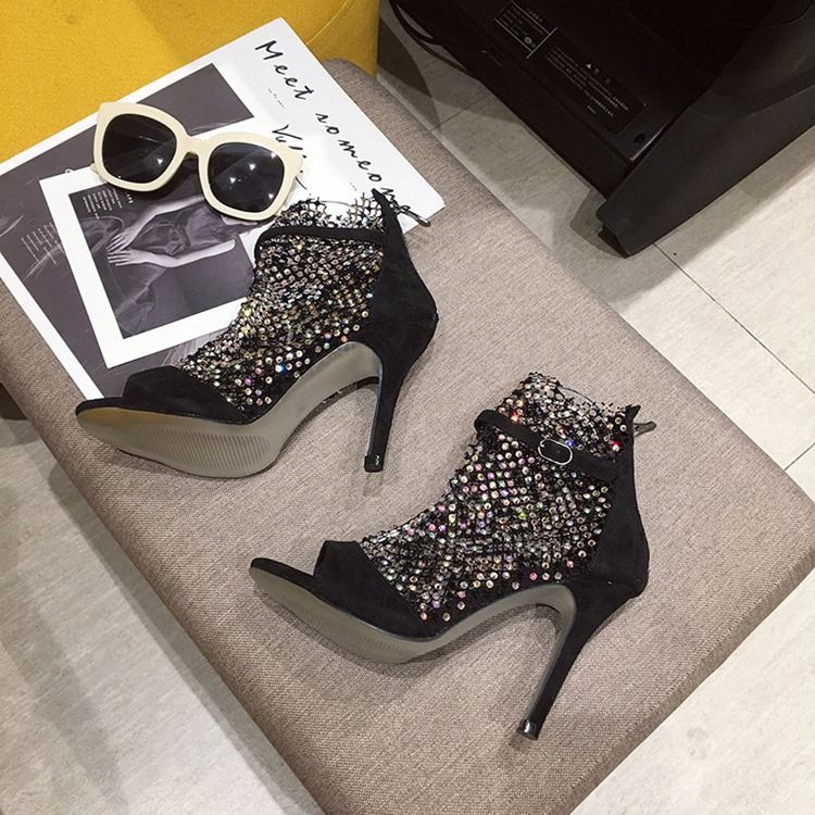 Malha Peep Toe Zipper Botas Femininas De Salto Agulha