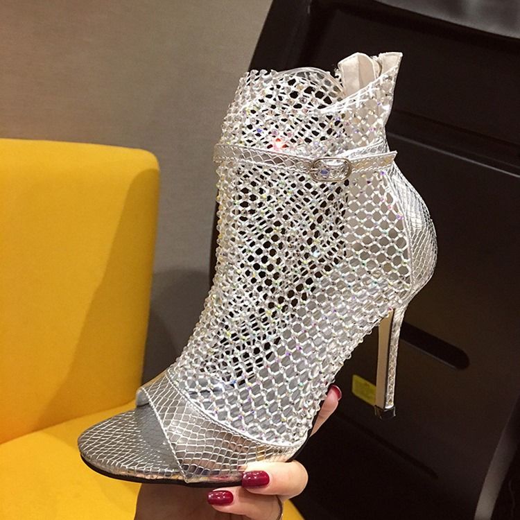 Malha Peep Toe Zipper Botas Femininas De Salto Agulha