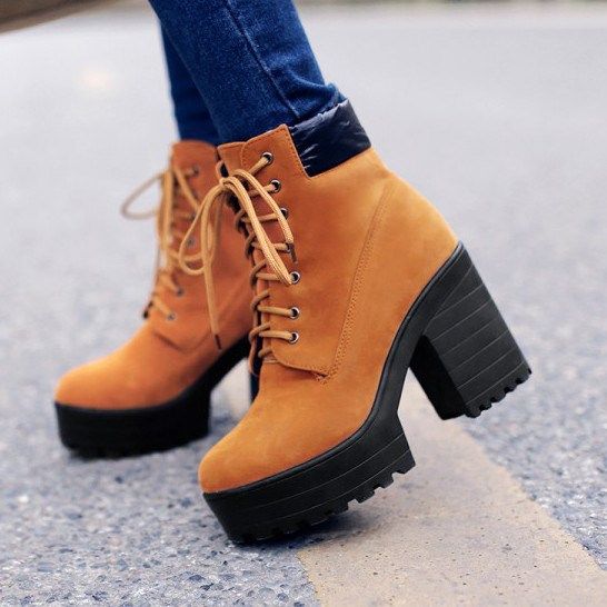 Moda Feminina Botas De Salto Grosso Com Cordões