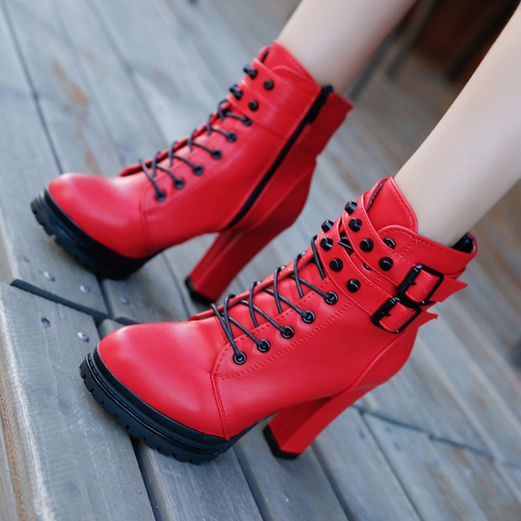 Rebite Roune Toe Botas De Salto Grosso Feminino