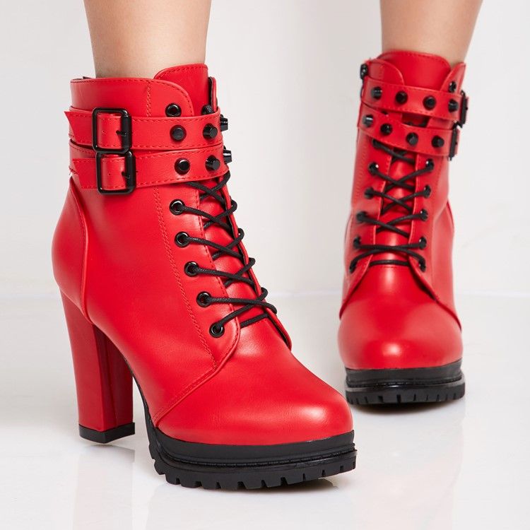 Rebite Roune Toe Botas De Salto Grosso Feminino