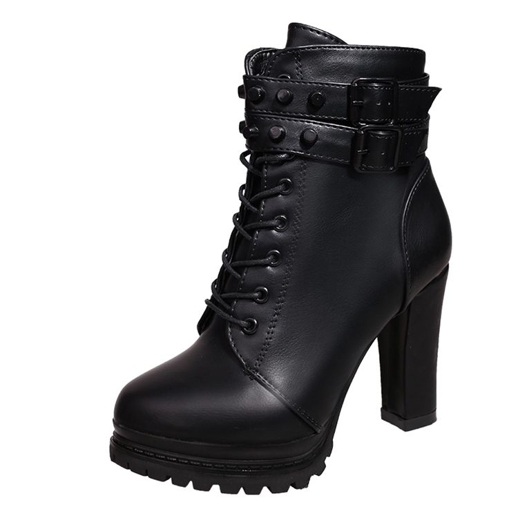 Rebite Roune Toe Botas De Salto Grosso Feminino
