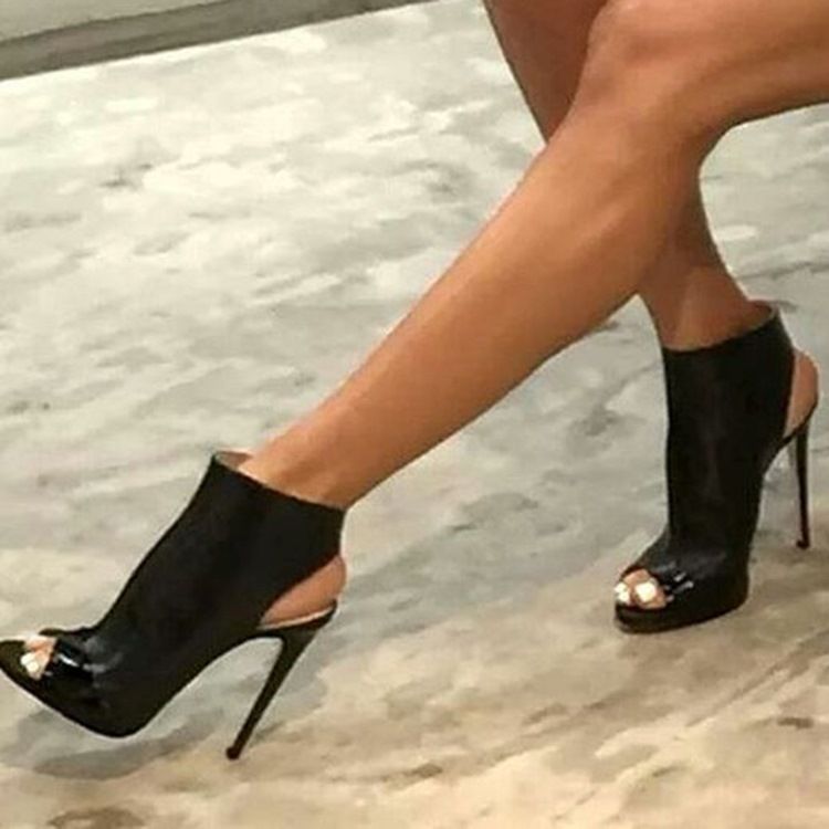 Sandálias De Salto Agulha Pretas Peep Toe Sem Encosto Femininas
