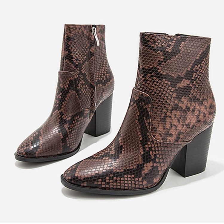 Serpentine Chunky Salto Pontudo Toe Toe Side Zipper Botas Femininas