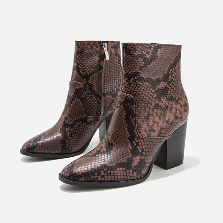 Serpentine Chunky Salto Pontudo Toe Toe Side Zipper Botas Femininas