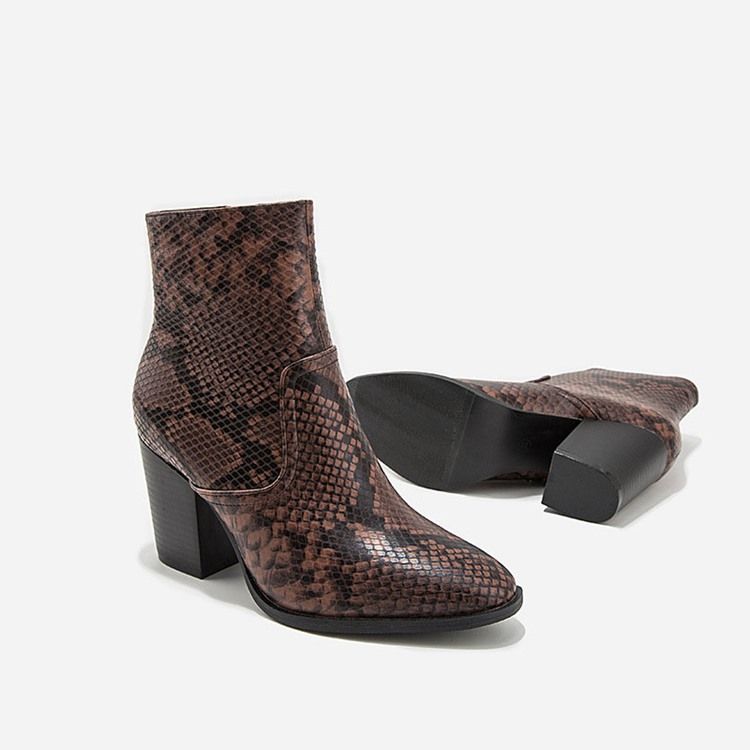 Serpentine Chunky Salto Pontudo Toe Toe Side Zipper Botas Femininas