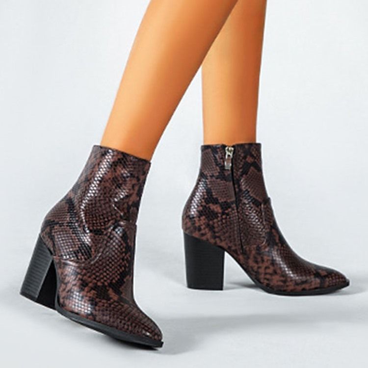 Serpentine Chunky Salto Pontudo Toe Toe Side Zipper Botas Femininas