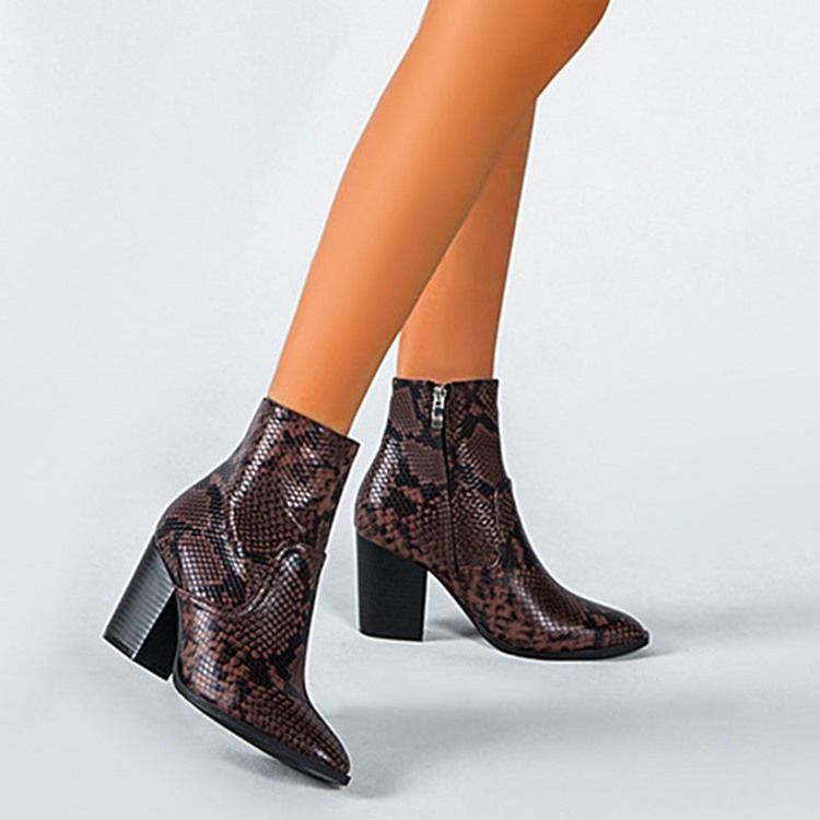 Serpentine Chunky Salto Pontudo Toe Toe Side Zipper Botas Femininas