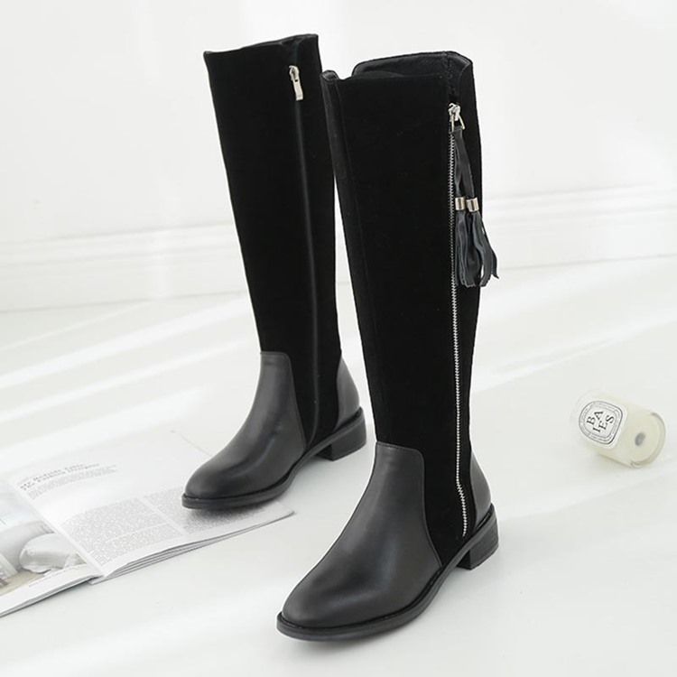 Zíper Lateral Redondo Toe Patchwork Franja Botas Altas Femininas