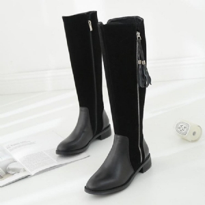 Zíper Lateral Redondo Toe Patchwork Franja Botas Altas Femininas
