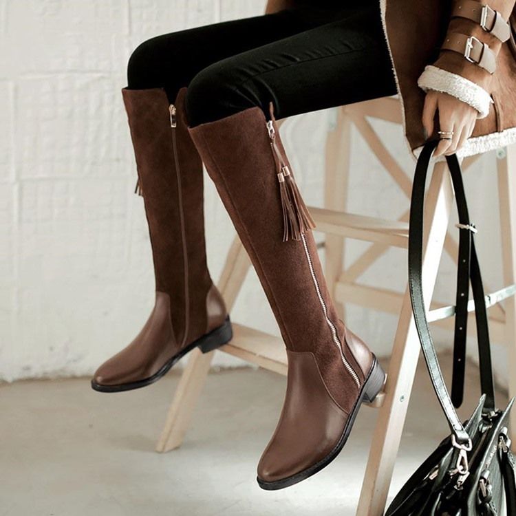 Zíper Lateral Redondo Toe Patchwork Franja Botas Altas Femininas