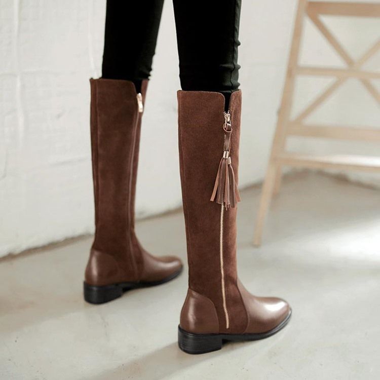 Zíper Lateral Redondo Toe Patchwork Franja Botas Altas Femininas