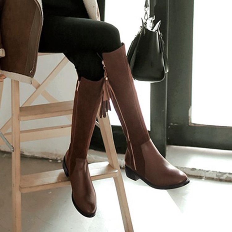 Zíper Lateral Redondo Toe Patchwork Franja Botas Altas Femininas