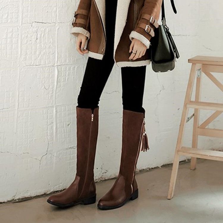 Zíper Lateral Redondo Toe Patchwork Franja Botas Altas Femininas