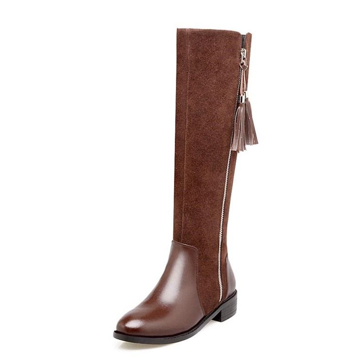 Zíper Lateral Redondo Toe Patchwork Franja Botas Altas Femininas