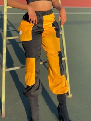 Bloco De Cor Solta Bolso Macacão Cintura Média Calça Feminina Casual