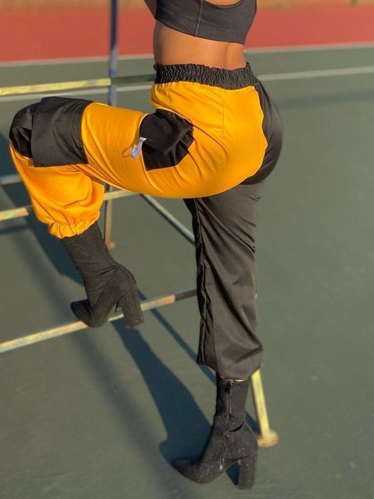 Bloco De Cor Solta Bolso Macacão Cintura Média Calça Feminina Casual