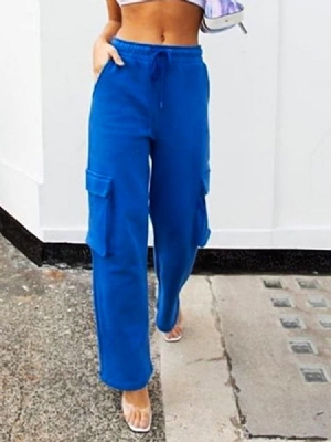 Bolso Feminino Liso Solto Reto Longo Calça Casual De Comprimento Total