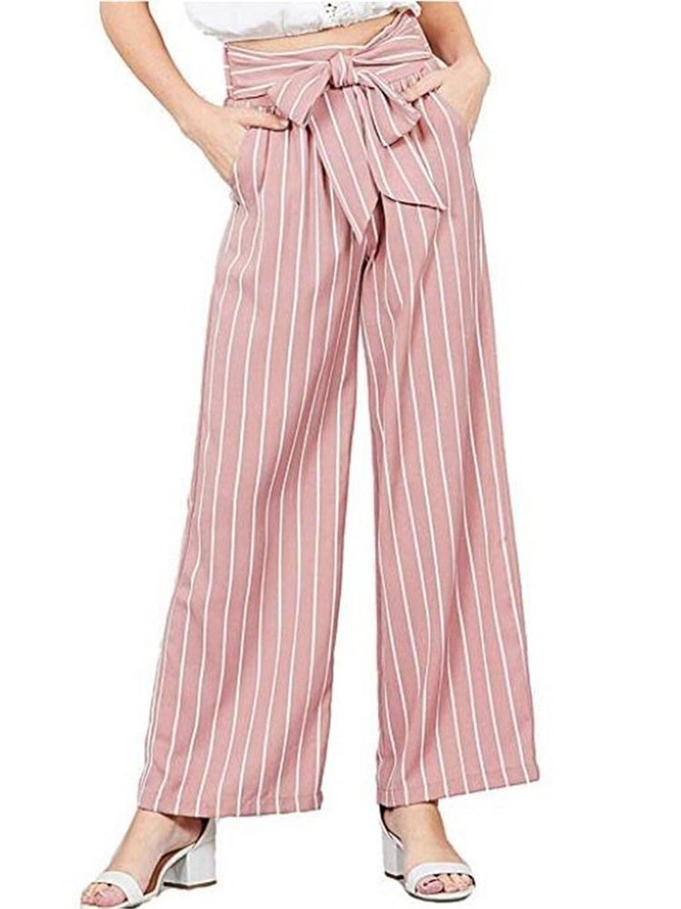 Bowknot Feminino Listra Cor Bloco Solto Comprimento Total Calças Largas Casuais