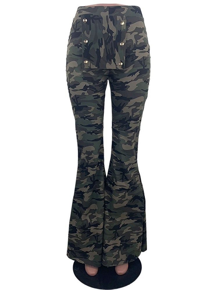 Calça Casual Camuflagem Feminina De Comprimento Total Bellbottoms