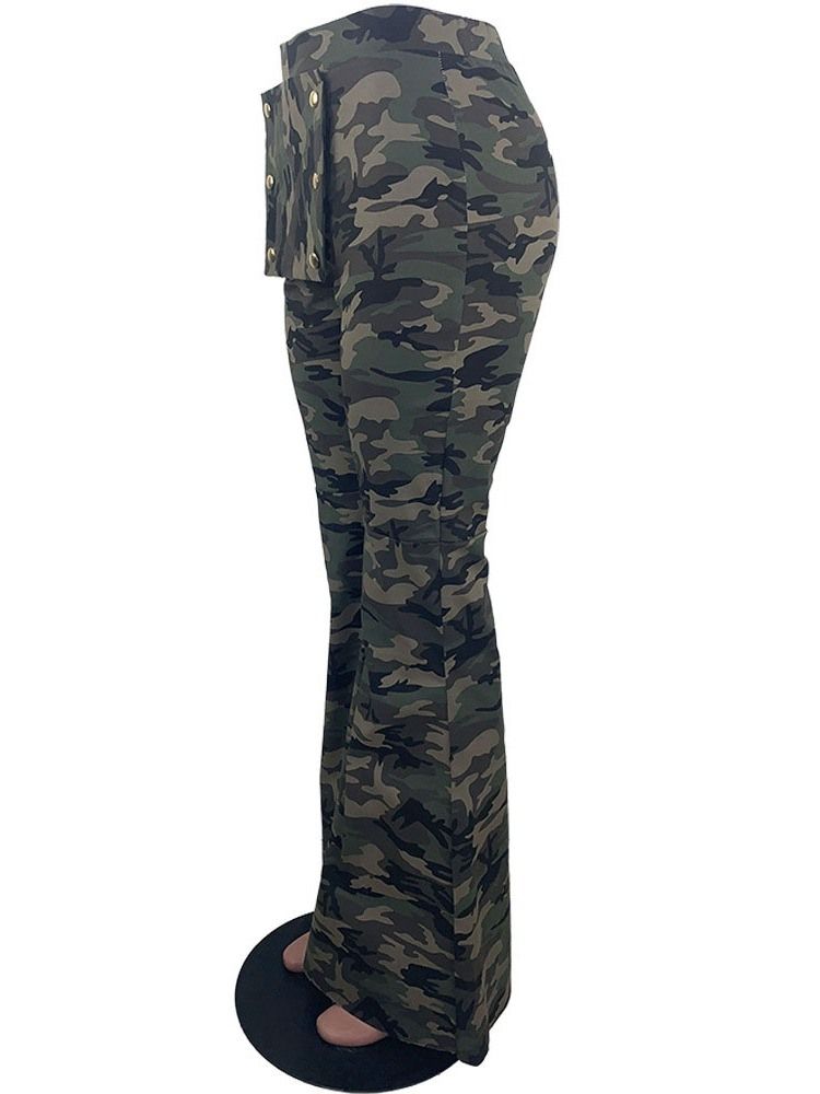 Calça Casual Camuflagem Feminina De Comprimento Total Bellbottoms