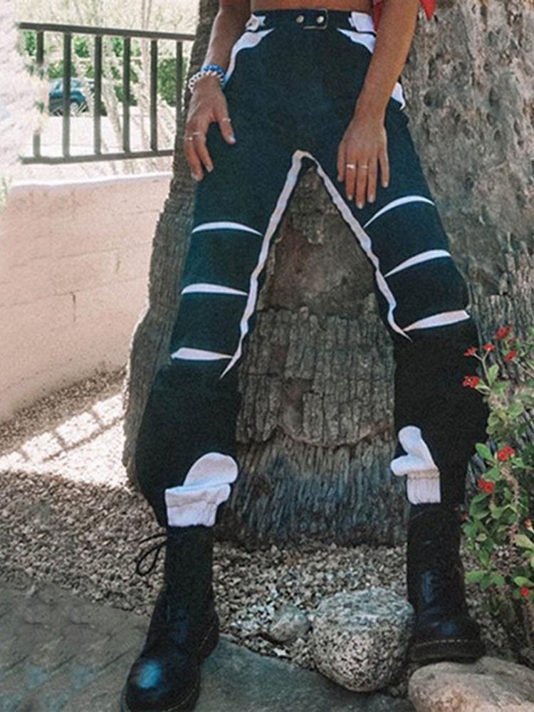 Calça Casual Feminina Com Bloco De Cores Solto E Comprimento Total