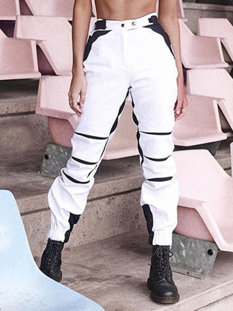 Calça Casual Feminina Com Bloco De Cores Solto E Comprimento Total